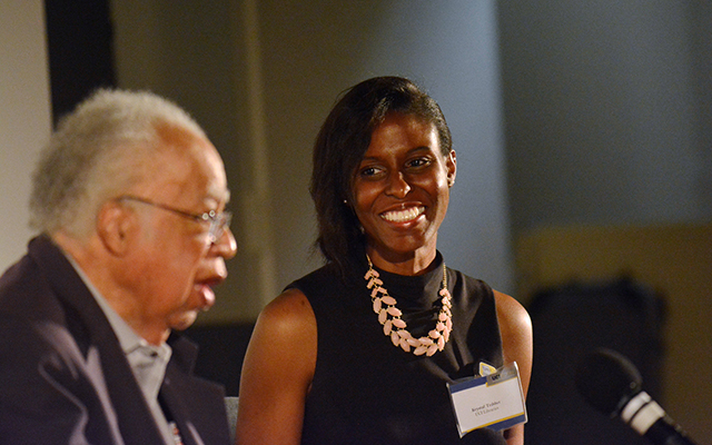 50th Anniversary Historian Krystal Tribbett, right, interviews Joseph L. White, professor emeritus, at the UCI Stories opening night program May 23, 2016. Photo: Carlos Puma for UCI